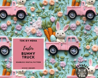 Bunny Carrot Truck Easter Embroidery Seamless Pattern, Cute Floral Pink Easter Monster Truck Digital Paper Repeat Print, 3D Easter Seamless