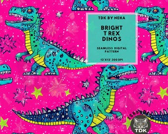 Neon Trex Seamless Pattern Digital Paper for Fabric Printing, Preppy Summer Safe Swim Dinosaur Seamless Repeat Sublimation Design Wallpaper
