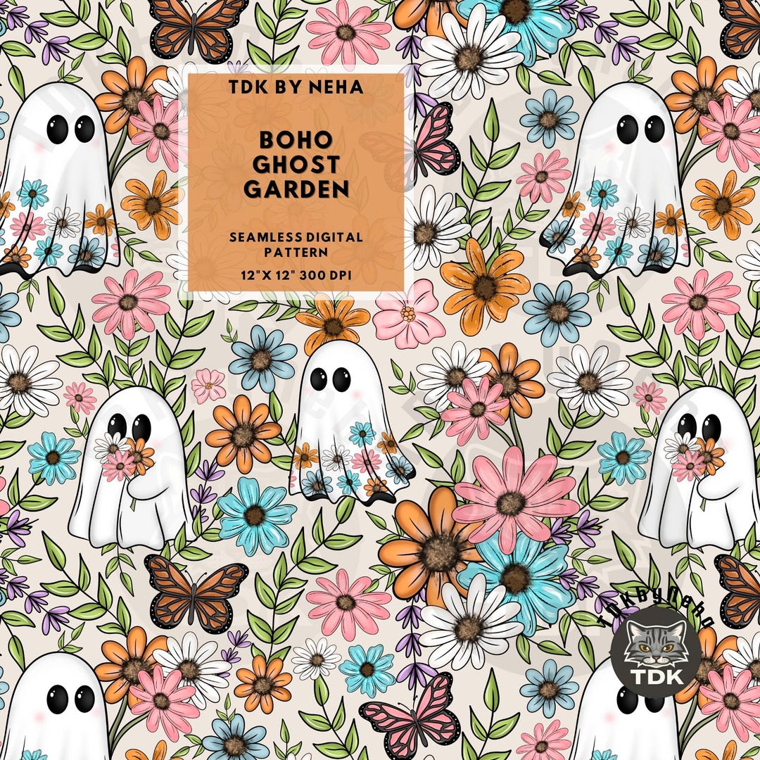 Floral Ghost Garden Seamless Pattern Digital Paper for Fabric Print ...
