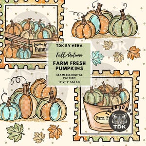 May include: A digital design featuring pumpkins in various colours, including orange, green, and blue. The design includes pumpkins in a wooden crate and a bucket, with the text "Farm Fresh Pumpkins" and "Fall/Autumn". The design is a seamless digital pattern, 30.48 cm x 30.48 cm at 300 DPI.