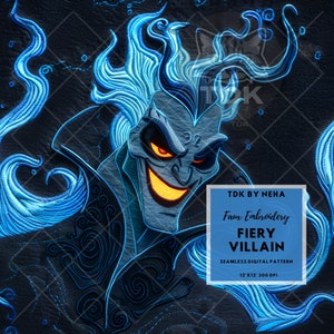 3D Fiery Villain Faux Embroidery Seamless Digital Paper Fabric Print, Magical Male Underworld 3D Seamless Pattern Repeat Sublimation Design