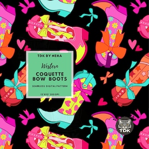 Coquette Bow Western Cowgirl Boot Seamless Pattern Digital Paper for Fabric Print, Preppy Girly Western Hand Drawn Repeat Sublimation Design