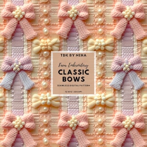 Classic Checkered Bows Faux Embroidery Seamless Digital Paper for Fabric Printing, Vintage Elegant Bow Seamless Repeat Sublimation Design