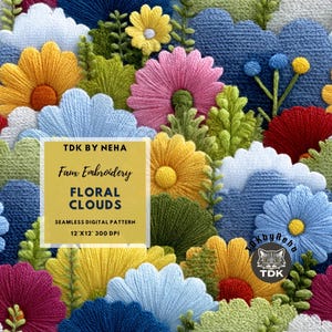 3D Floral Meadow Faux Embroidery Seamless Pattern Digital Paper for Fabric Print, Colorful Flower Clouds Seamless Repeat Sublimation Design
