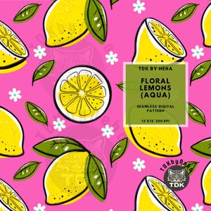 Summer Lemon Seamless Pattern Digital Paper for Fabric Print, Pink Daisy Fruity Floral Seamless Repeat Sublimation Design Tumbler Background