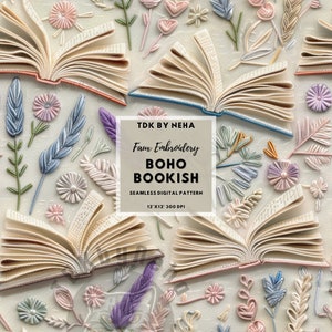 3D Boho Floral Open Book Faux Embroidery Seamless Digital Paper for Fabric Printing, Pastel Bookish Seamless Repeat Sublimation Design