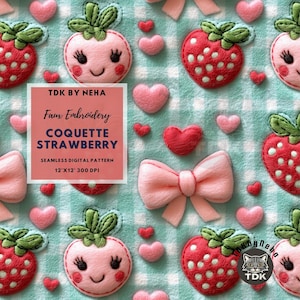 Coquette Strawberry Valentines Embroidery Seamless Pattern for Fabric Print, 3D Summer Fruity Seamless Repeat Sublimation Design Wallpaper