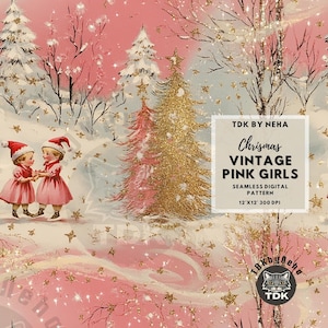 Retro Vintage Traditional Christmas Seamless File, Pink Christmas seamless pattern, Cute Santa Girls Seamless, Retro Christmas Digital Paper