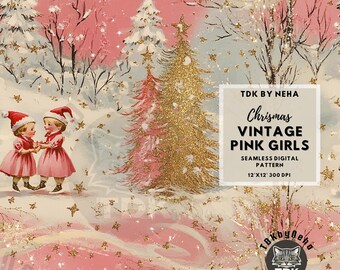 Retro Vintage Traditional Christmas Seamless File, Pink Christmas seamless pattern, Cute Santa Girls Seamless, Retro Christmas Digital Paper