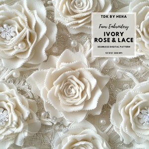 White 3D Floral Rose Faux Embroidery Seamless Digital Paper for Fabric Printing, Ivory Rose and Lace 3D Seamless Repeat Sublimation Design