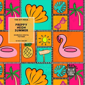 Peut inclure: Un motif numérique sans couture sur le thème de l'été, lumineux et coloré. Le motif comprend un ananas, une bouée en forme de flamant rose, une coquille, un palmier, des lunettes de soleil, un soleil et une pancarte indiquant "Paradise". Le motif mesure 12 pouces sur 12 pouces et 300 DPI.