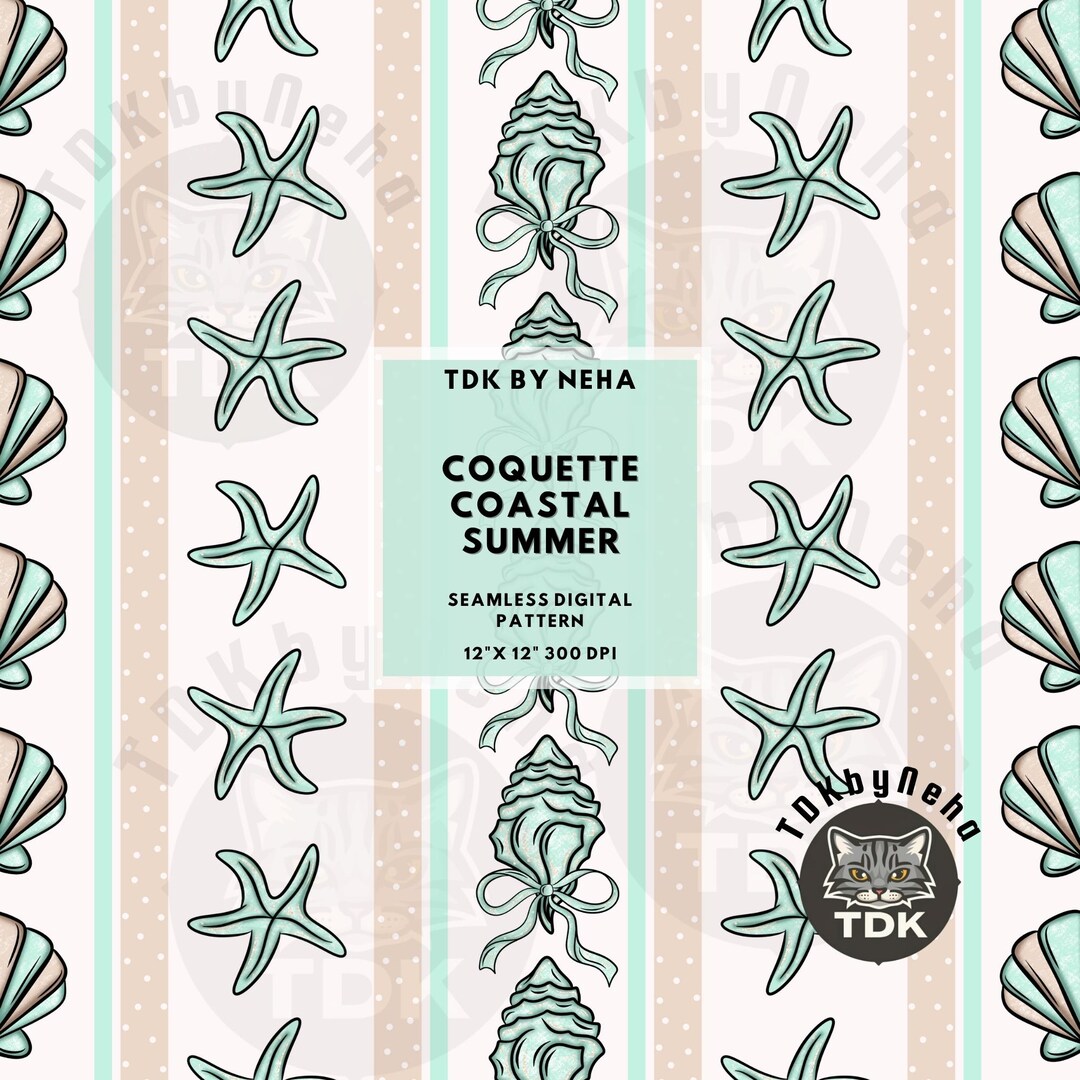 Summer Coquette Bow Sea Seamless Digital Paper for Fabric Print, Girly ...