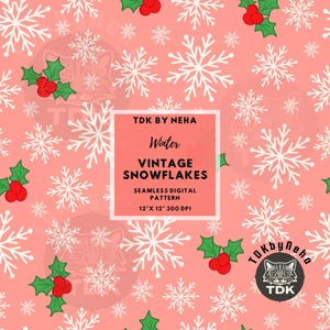 Pink Vintage Christmas Snowflakes Seamless Digital Paper Fabric Print, Winter Icy Snow Seamless Repeat Sublimation Design Festive Background