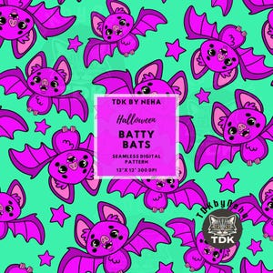 Halloween Neon Pink Bats Seamless Pattern Digital Paper Fabric Print, Cute Girl Spooky Bat Seamless Repeat Sublimation Design Commercial Use