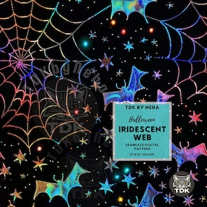 Nahtloser digitaler Stoffdruck mit schillerndem Halloween-Spinnennetz, niedliches, gruseliges holografisches Fledermaus-Glitzer-Design im Sublimationsdruckverfahren