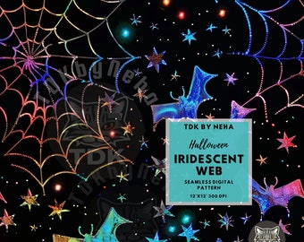 Halloween Iridescent Spider Web Seamless Digital Paper Fabric Print, Cute Spooky Holographic Bat Glitter Seamless Repeat Sublimation Design
