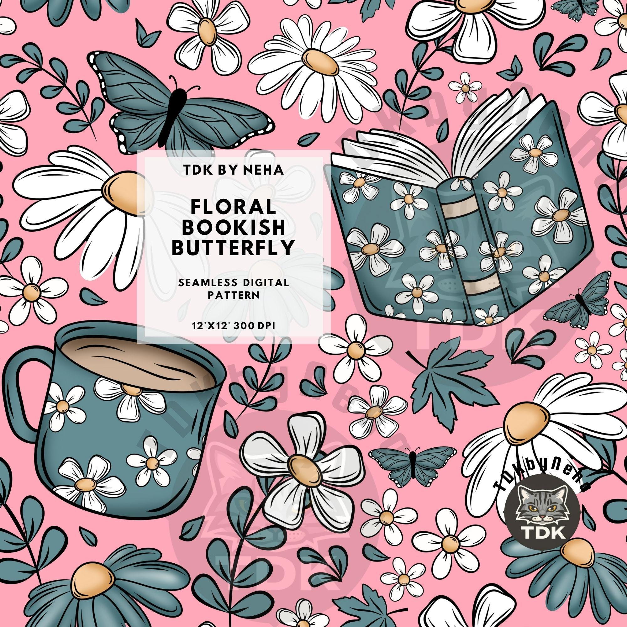 Pastel Pink Floral Bookish seamless pattern Reading Digital Paper Fall Daisy Butterfly Book Sublimation book lover file for Fabric Printing
