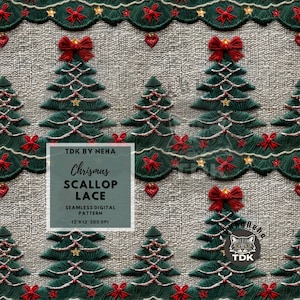 File senza cuciture ricamo natalizio vintage, pizzo smerlato natalizio senza cuciture per stampa su tessuto, sublimazione di carta digitale con fiocco rosso albero di Natale 3D