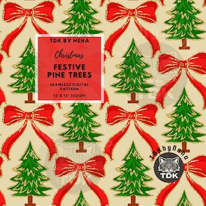 Retro Glitter Coquette Bow Christmas Tree Seamless File, Red Christmas seamless pattern,Vintage Gold Christmas Tree Digital Paper Background