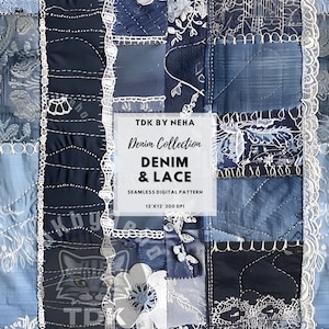 Patchwork Denim and Lace Seamless Digital Paper for Fabric Print, Jeans Material Texture Floral Crochet Seamless Repeat Sublimation Design