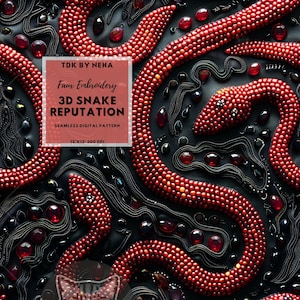 May include: A digital pattern for faux embroidery featuring a 3D snake design. The snake is made of red beads and is set against a black background. The pattern is 12 inches by 12 inches and has a resolution of 300 DPI. The text "TDK BY NEHA" and "Faux Embroidery" is also included in the image.