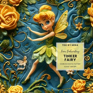 May include: A digital embroidery pattern of Tinker Bell, a fairy with blonde hair and a green dress, surrounded by yellow roses and green leaves. The pattern is 12 inches by 12 inches and 300 DPI.