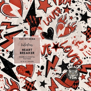 Puede incluir: Patrón digital sin costuras con corazones, estrellas y rayos rojos y negros sobre un fondo crema. El diseño incluye las palabras "Lover" y "Heartbreaker" en estilo graffiti. El patrón mide 30,48 cm x 30,48 cm.