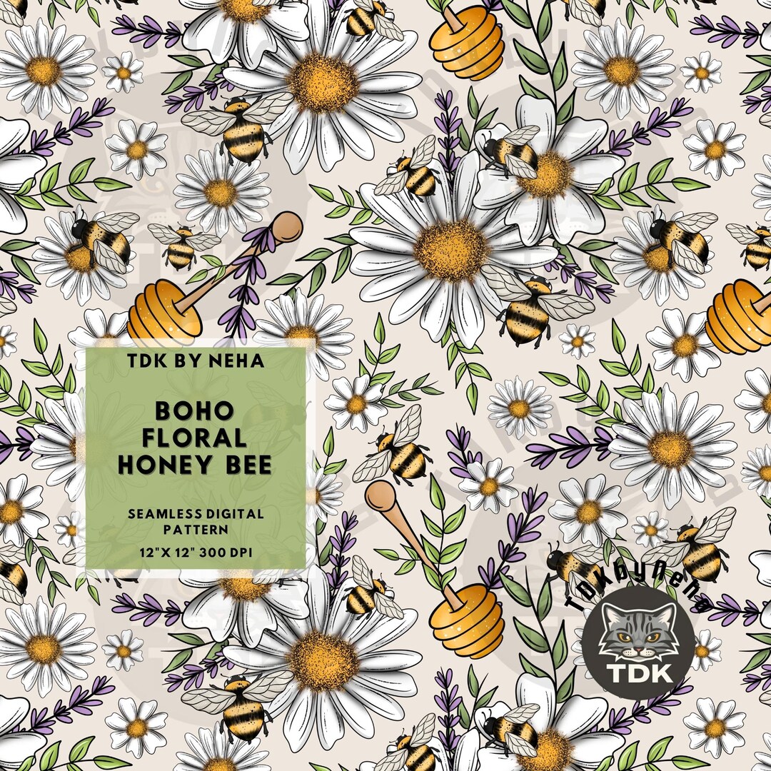 Daisy Boho Floral Honey Bee Seamless Pattern Digital Paper for Fabric ...
