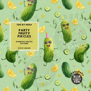 May include: Seamless digital pattern featuring cartoon pickles with sunglasses, party hats, and smiling faces, along with lemon slices, cucumber slices, and stars on a light green background. The text "PARTY FRUITY PIKCLES" is displayed.