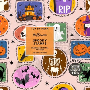 Ljusa Halloween-stämplar sömlösa mönster digitalt papper för tygtryck, kusligt skelett spöke lapptäcke sömlös upprepa sublimeringsdesign