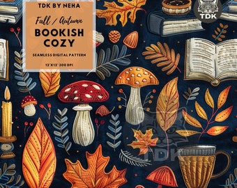 Cozy Fall Bookish seamless pattern Reading Contemporary Digital Paper Cottagecore Autumn Reader Seamless Sublimation Floral book lover file