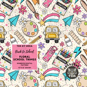 May include: A seamless digital pattern featuring school-themed illustrations. The design includes yellow school buses, crayons, paint palettes, pencils, flowers, and paper airplanes. The text "Back to School" and "Floral School Things" is also present. The pattern is 12" x 12" at 300 DPI.