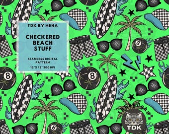 Neon Summer Seamless Pattern For Fabric Print Sublimation Digital Design, Skateboard seamless pattern, Boys Beach Checkered seamless Repeat
