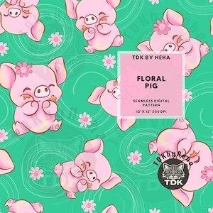 May include: A seamless digital pattern featuring cartoon pigs in various poses, adorned with flowers. The pigs are pink with a light pink flower on their heads, set against a teal background with white swirls and small pink flowers. The pattern is 12 x 12 inches.