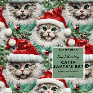 Christmas Cat in Santa Hat Seamless ,Kitty Faux Embroidery Seamless,Cute Cat Seamless Digital Paper for Print Christmas Seamless Pattern