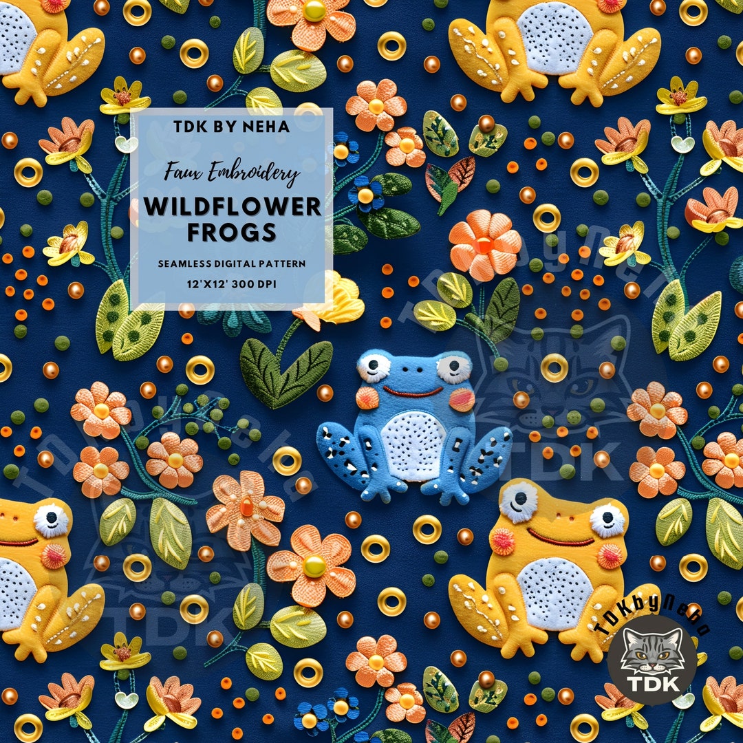 Frog Boho Faux Embroidery Seamless Digital Paper for Fabric Printing ...