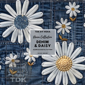 3D Denim Floral Daisy Faux Embroidery Seamless Digital Paper for Fabric Printing, Jeans Texture Glitter Seamless Repeat Sublimation Design