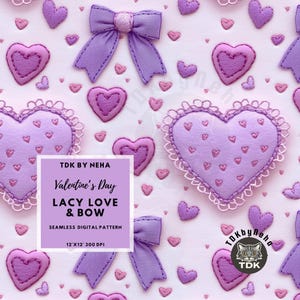 Lacy Heart and Coquette Bow Seamless Pattern for Fabric Print, Girl Valentines Bow and Love Seamless Digital Paper Repeat Sublimation Design