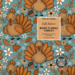 Papel digital com padrão floral boho de outono e peru sem costura para impressão em tecido, folhas de outono femininas, Ação de Graças, repetição sem costura, design de sublimação
