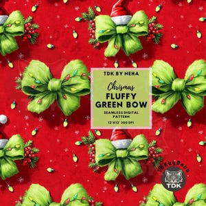 May include: A seamless digital pattern featuring fluffy green bows adorned with string lights and holly berries on a red background. The bows are paired with Santa hats. The text reads "Christmas Fluffy Green Bow" and "12'x12' 300 DPI".