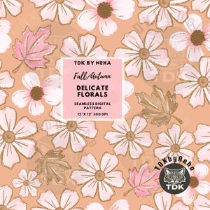 Papel de parede digital com estampa floral boho delicada e brilhante para impressão em tecido, com repetição de folhas e flores de outono, ideal para sublimação.