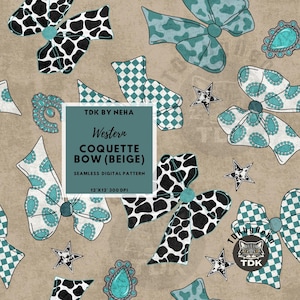 May include: A seamless digital pattern featuring a Western-themed bow with a beige background. The bow is decorated with a cow print pattern and turquoise accents. The pattern also includes stars, checkered squares, and turquoise jewels.