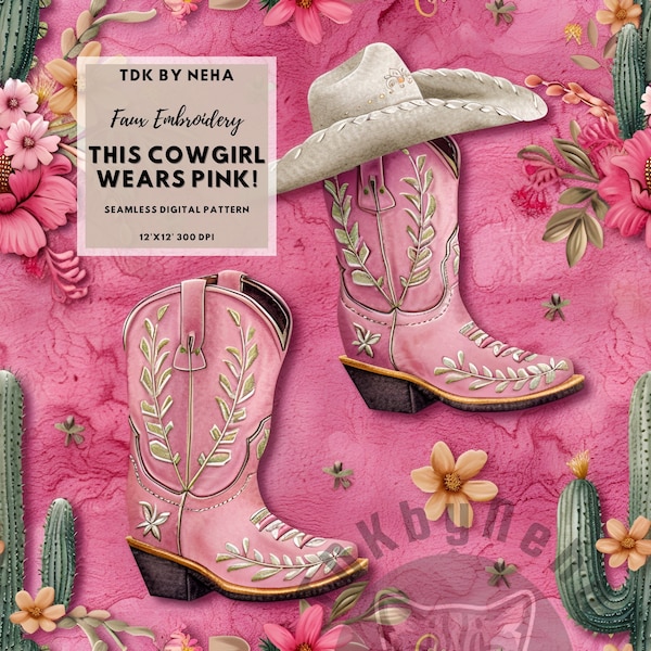 Pink Western Cowgirl Boot Faux Embroidery Seamless Digital Paper for Fabric Printing,Faux Leather Texture Seamless Repeat Sublimation Design