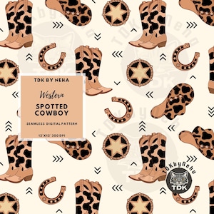 Peut inclure: Motif numérique sans couture avec des bottes de cowboy, des chapeaux, des fers à cheval et des étoiles. Les bottes et les chapeaux ont un motif tacheté. Le texte indique "Western Spotted Cowboy".