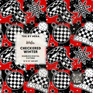May include: A seamless digital pattern with winter motifs. The design showcases checkered scarves, baubles, and bobble hats, alongside snowflakes and stars, on a red and black checkered backdrop. The text reads "Winter CHECKERED WINTER". The pattern is 12" x 12".