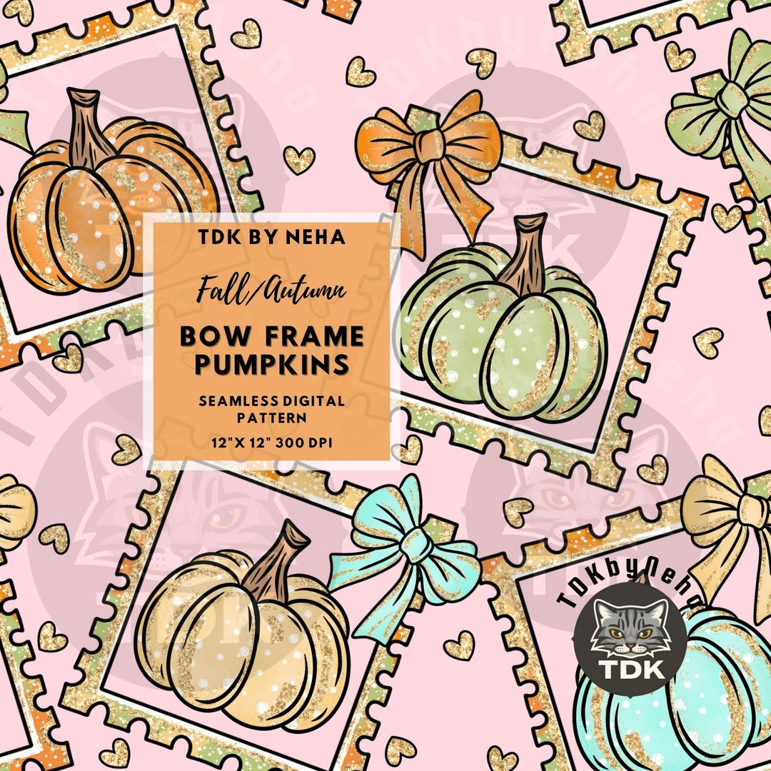 Fall Boho Coquette Bow Pumpkin Frames Seamless Pattern Digital Paper ...