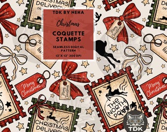Può includere: Un motivo digitale senza cuciture con francobolli a tema natalizio, fiocchi, etichette e stelle. I francobolli hanno un bordo a scacchi rosso e verde con renne e il testo "Christmas Delivery" e "The North Pole". Il motivo è di 30,48 cm x 30,48 cm.