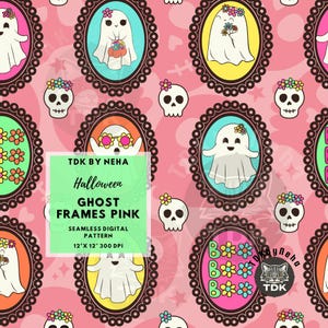Cute Framed Preppy Ghosts Seamless Pattern for Fabric Print, Spooky Girly Ghouls Halloween Seamless Digital Paper Repeat Sublimation Design