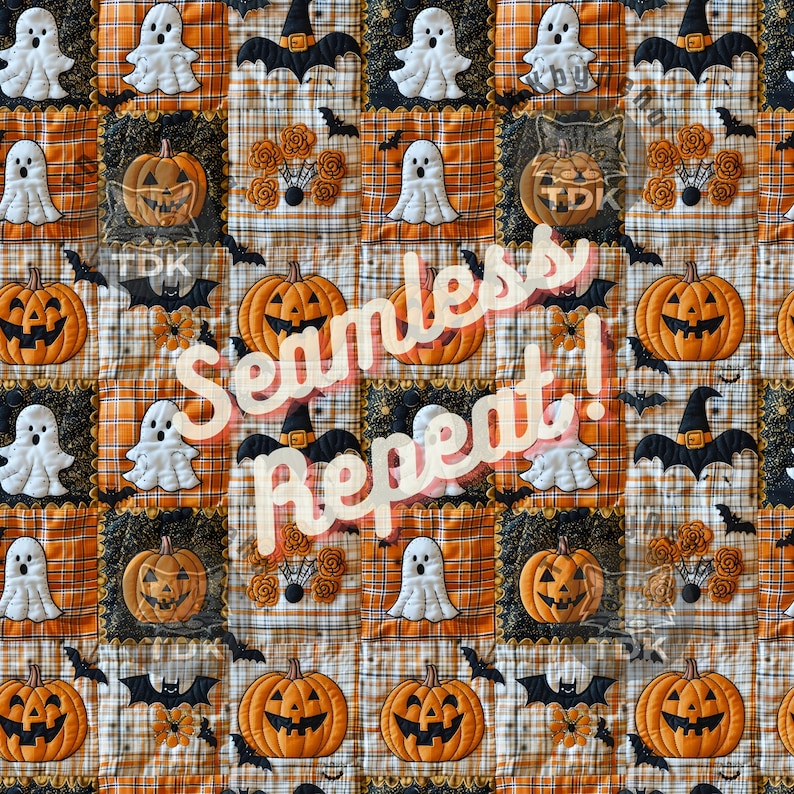 Fall Halloween Patchwork Seamless Digital Paper Fabric Print, Cute ...