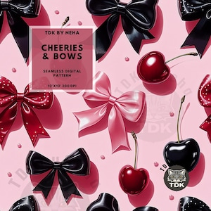 May include: A seamless digital pattern featuring red and black cherries with pink and black bows on a pink background. The text "Cheeries & Bows" is displayed in the centre of the image.